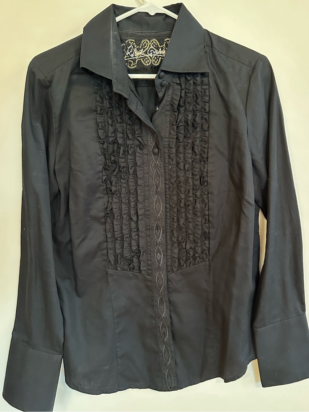 ROBERT GRAHAM embroidered black cotton ruffle shirt covered buttons L